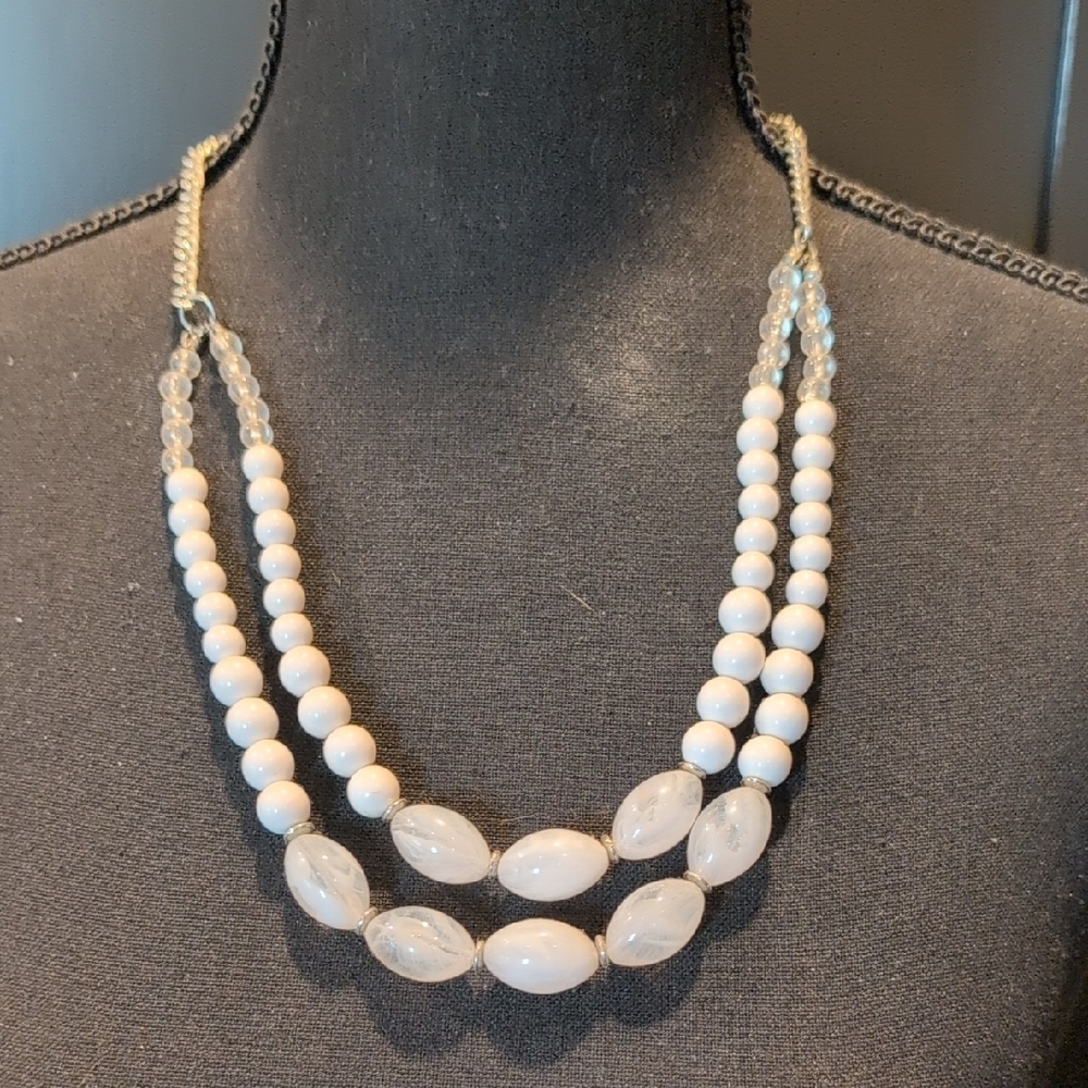 Beaded Necklace 2 Strands White & Clear Beads Silver Accents Adjustable Lengths